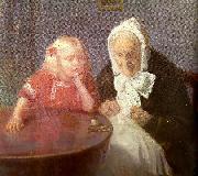 Anna Ancher bedstemor underholdes oil on canvas